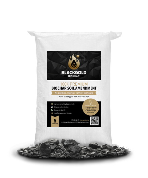 Bag of Black Gold Biochar with visible biochar on a white background