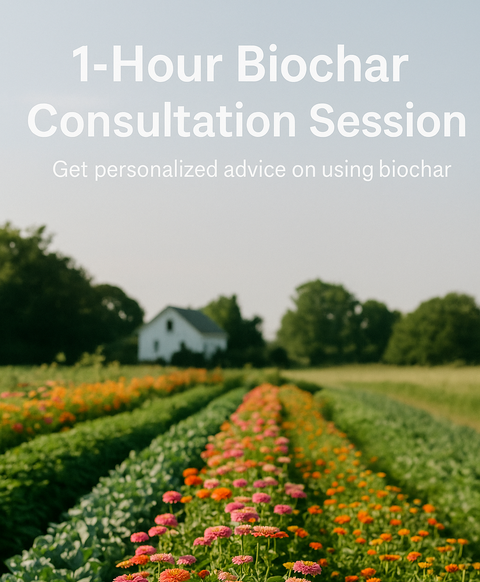 Picture of a flower farm with caption saying 1 Hour biochar consultation Session