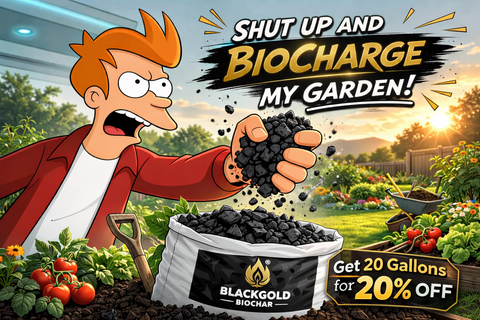 Cartoon character holding biochar with promotional text for Black Gold Biochar in a garden setting.