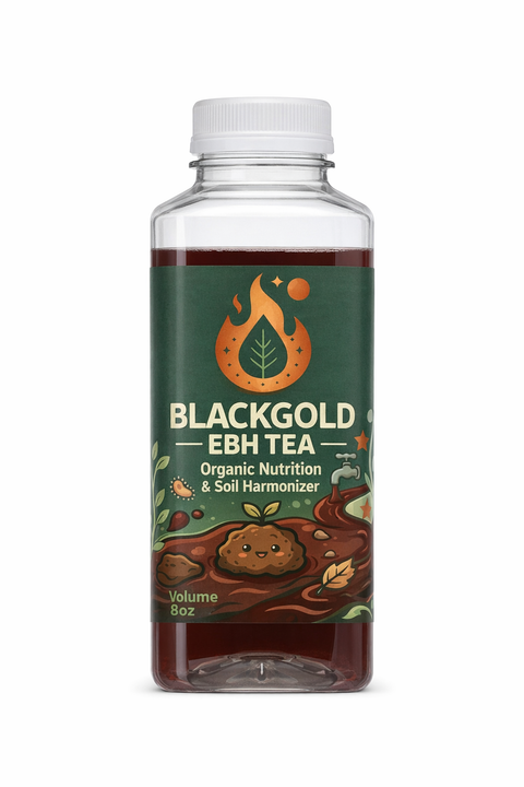 Bottle of Blackgold EBH Tea with a green label on a white background