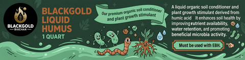 label for BlackGold Liquid Humus soil conditioner with illustrations of worms, plants, and soil.