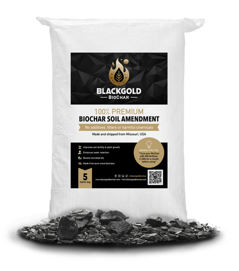 Bag of Black Gold biochar soil amendment with visible product and brand details.