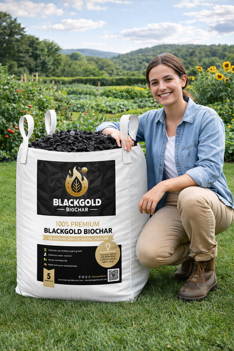 Woman kneeling next to a large bag of Black Gold Biochar in an outdoor setting.